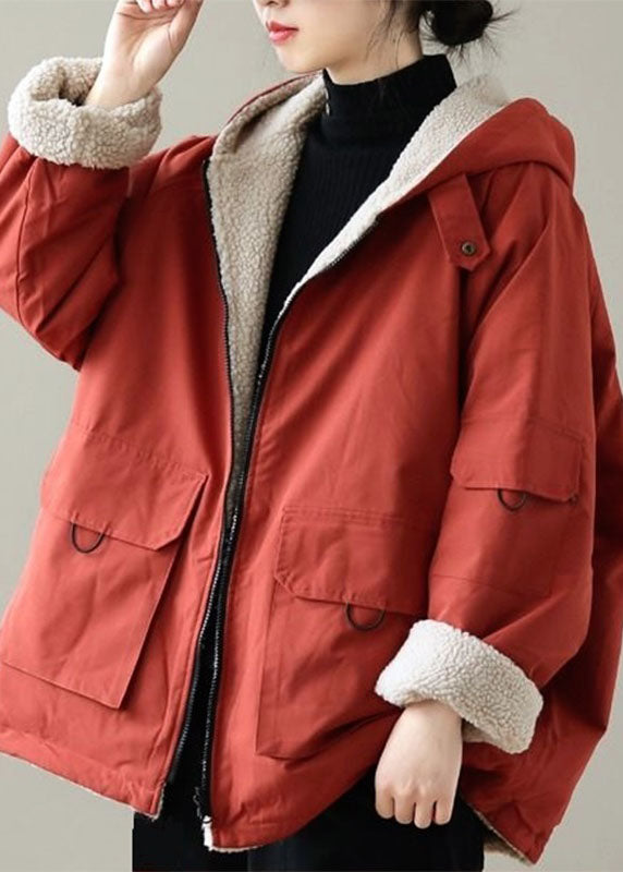 Orange Pockets Wear on Both Sides Thick Hooded Jacket Long Sleeve