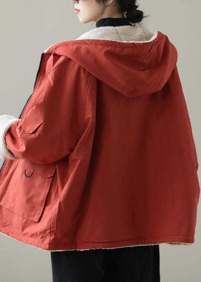 Orange Pockets Wear on Both Sides Thick Hooded Jacket Long Sleeve