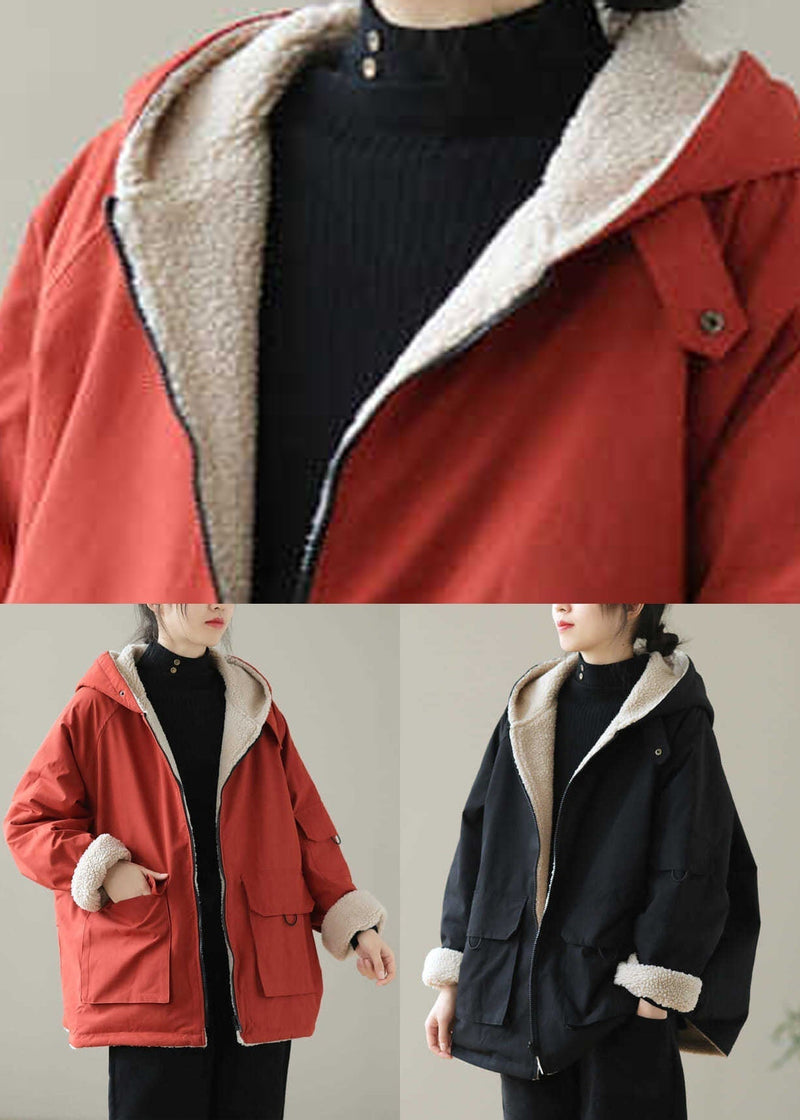 Orange Pockets Wear on Both Sides Thick Hooded Jacket Long Sleeve