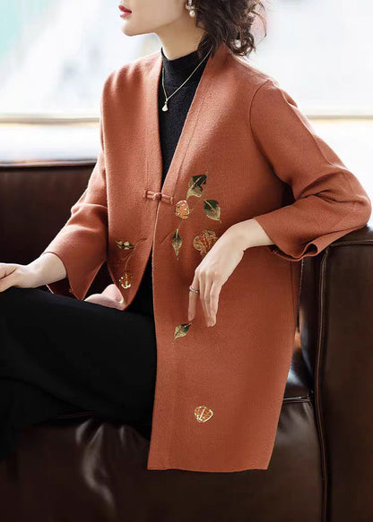 Orange Print Button Woolen Cardigan V Neck Spring