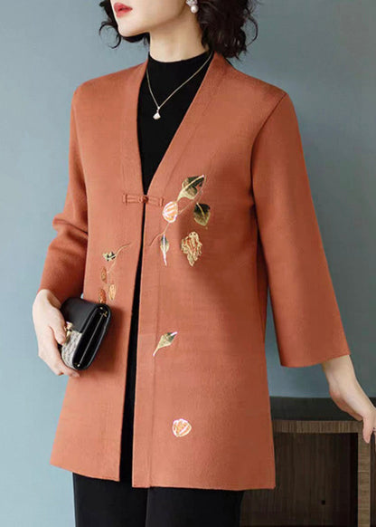 Orange Print Button Woolen Cardigan V Neck Spring