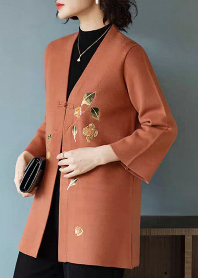 Orange Print Button Woolen Cardigan V Neck Spring