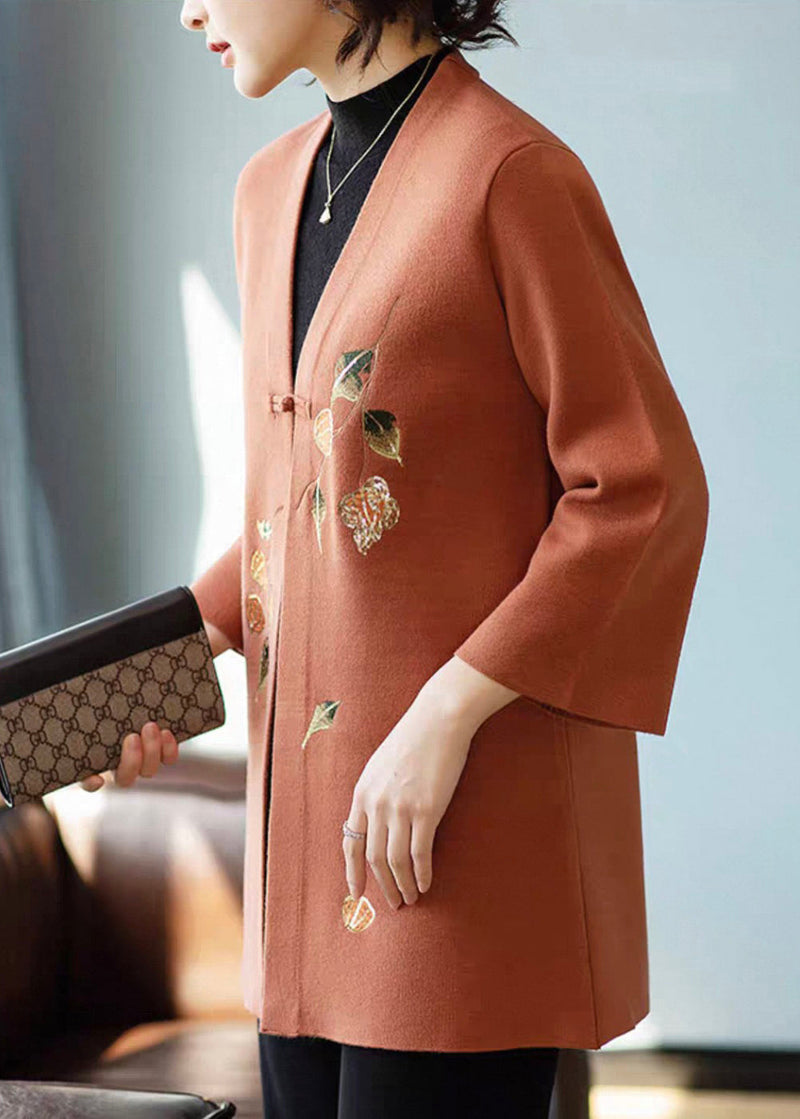 Orange Print Button Woolen Cardigan V Neck Spring