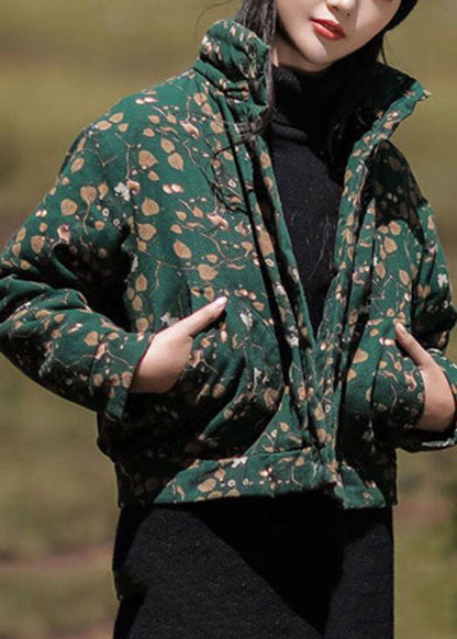 Orange Print Fine Cotton Filled Parka Stand Collar Pockets Winter