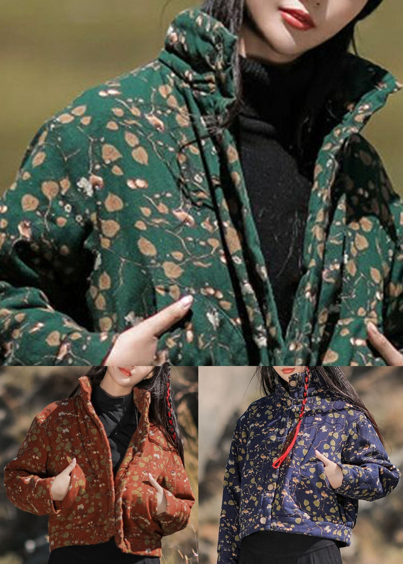 Orange Print Fine Cotton Filled Parka Stand Collar Pockets Winter