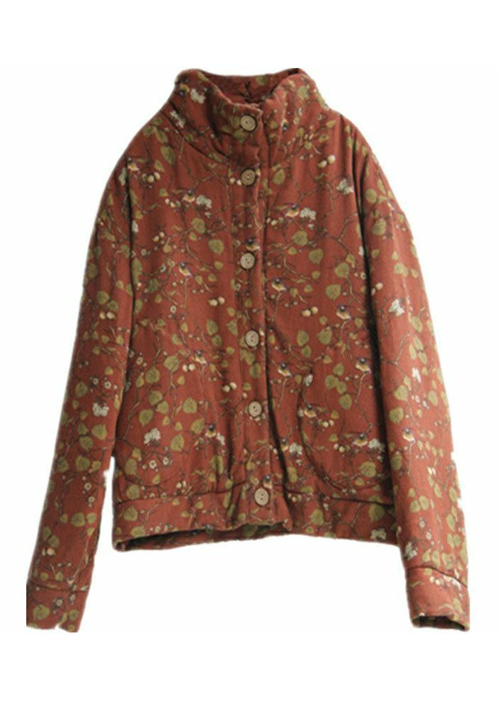Orange Print Fine Cotton Filled Parka Stand Collar Pockets Winter