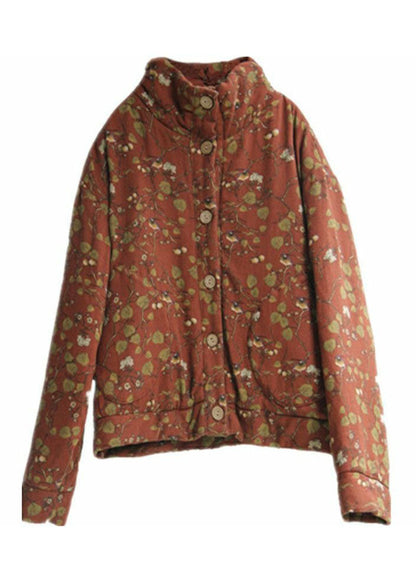 Orange Print Fine Cotton Filled Parka Stand Collar Pockets Winter
