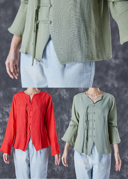 Orange Red Linen Shirt Tasseled Chinese Button Flare Sleeve