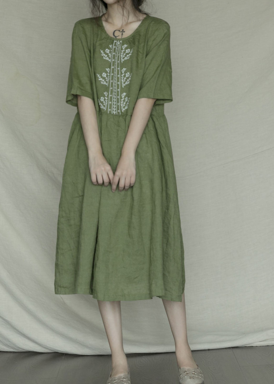 Orange Red O-neck Patchwork Linen Long Dress Short Sleeve