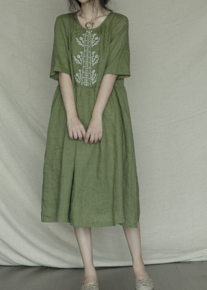 Orange Red O-neck Patchwork Linen Long Dress Short Sleeve