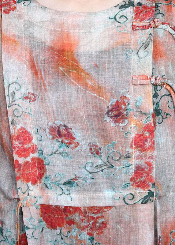 Orange Slim Fit Print Asymmetrical Summer Ramie Maxi Dress Half Sleeve