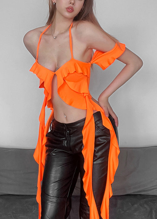 Orange Backless Cotton Tank V Neck Summer