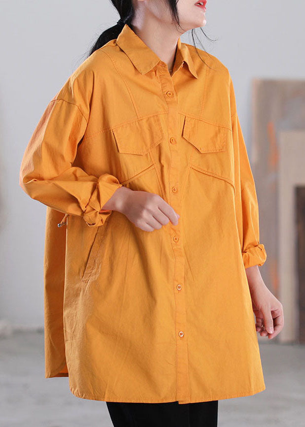 Orange Color Patchwork Cotton Shirt Tops Asymmetrical Pockets Long Sleeve