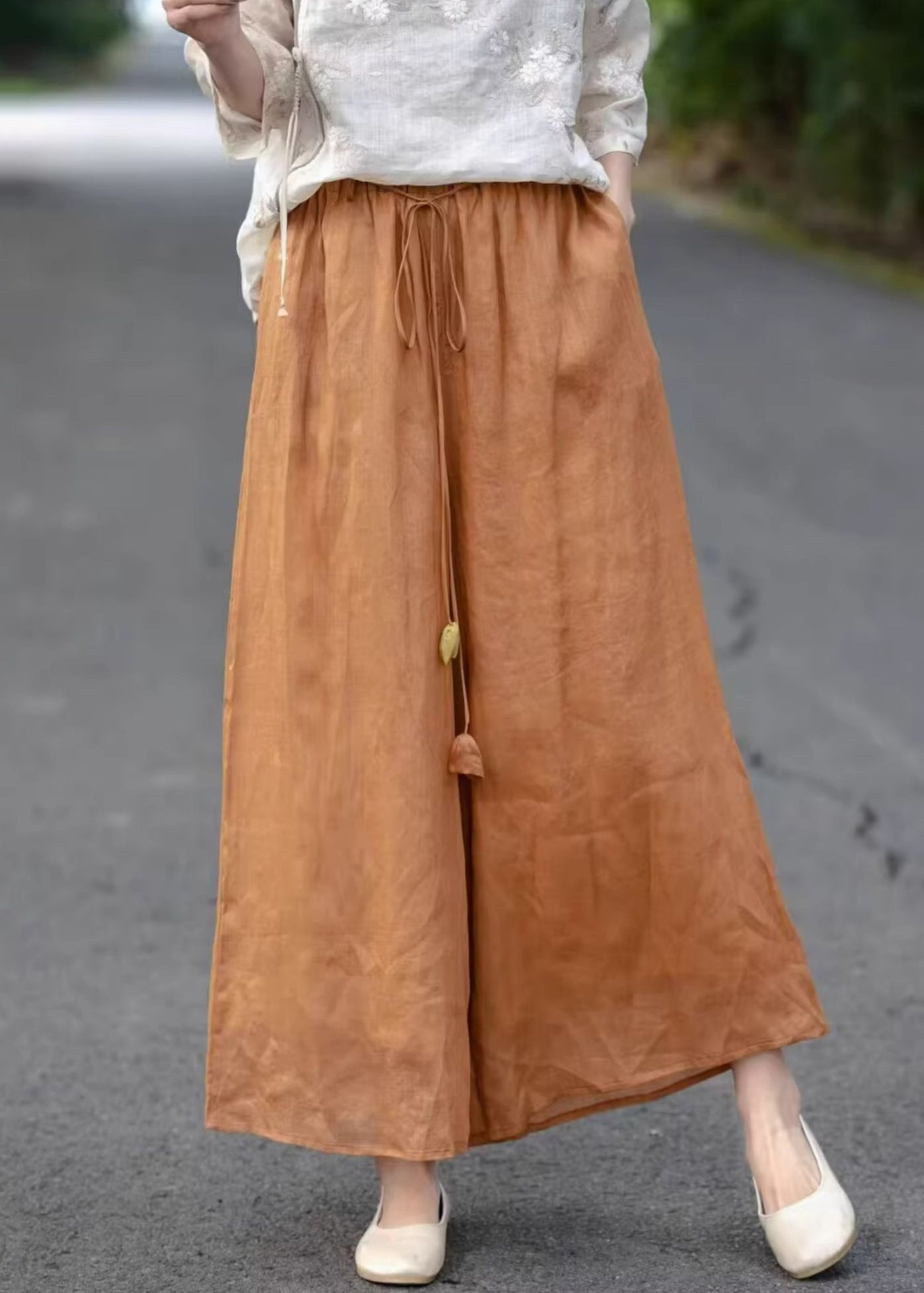 Orange Pockets Cotton Summer Crop Pants Elastic Waist