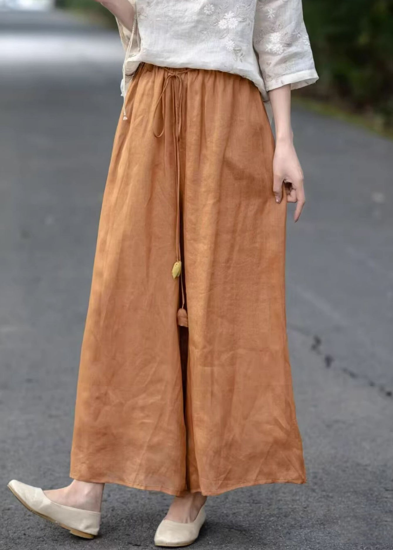 Orange Pockets Cotton Summer Crop Pants Elastic Waist