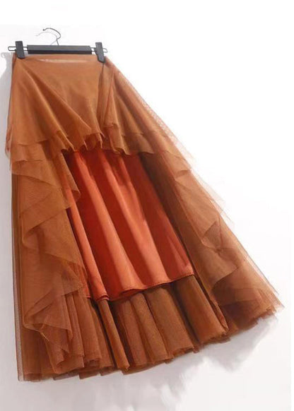 Orange Wrinkled Tulle Summer Skirts High Waist