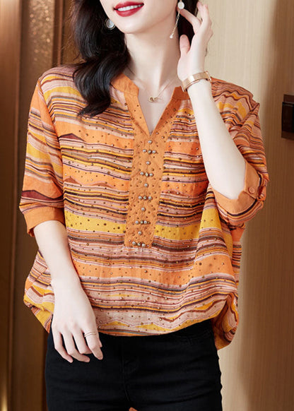 Orange Striped Cotton Shirt V Neck Color Diamond Short Sleeve