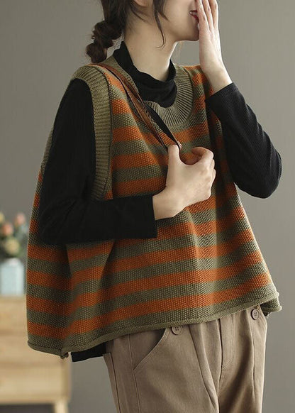 Orange Striped Knit Vest O-neck Oversized Spring