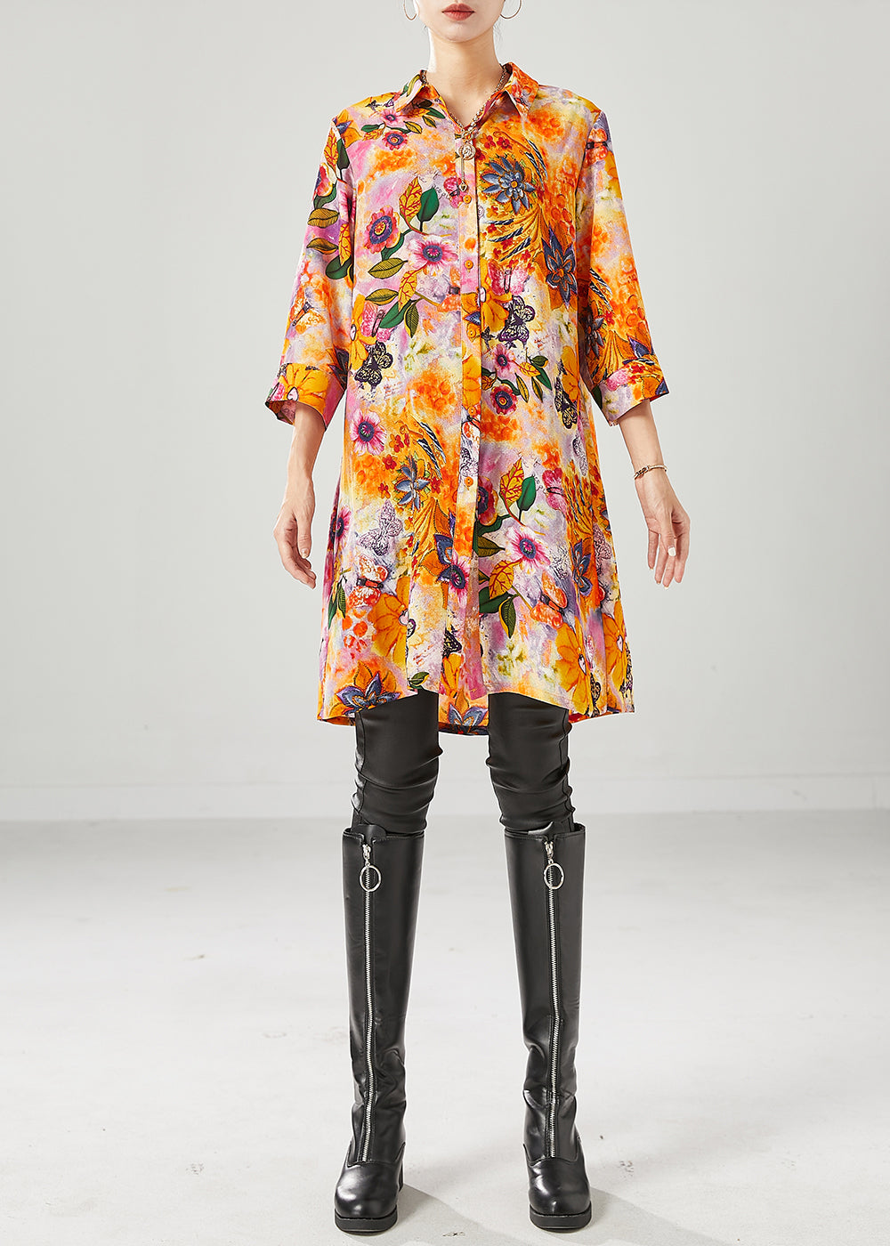 Orange Yellow Chiffon Long Shirt Oversized Bracelet Sleeve