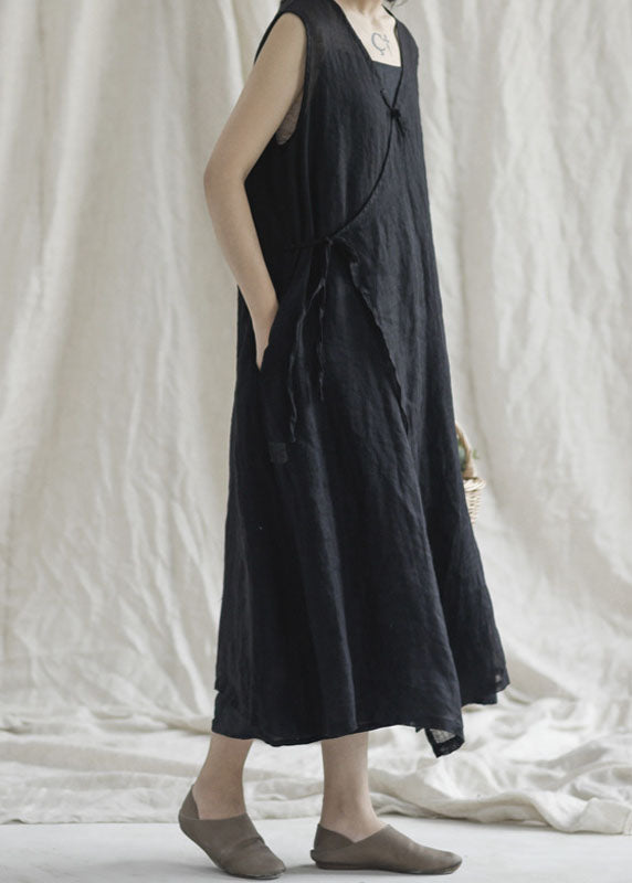 Orange Tie Waist Linen Holiday Dress Asymmetrical Sleeveless