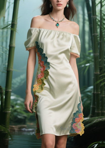 Organic Apricot Cold Shoulder Patchwork Silk Strapless Dress Summer