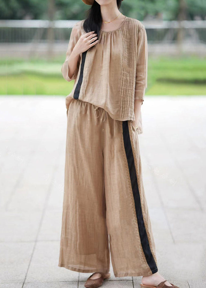 Organic Apricot O-neck Tops and Pants Linen Sets 2 Pieces Fall