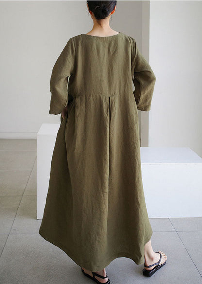 Organic Army Green O-neck Loose Cotton Dress Spring