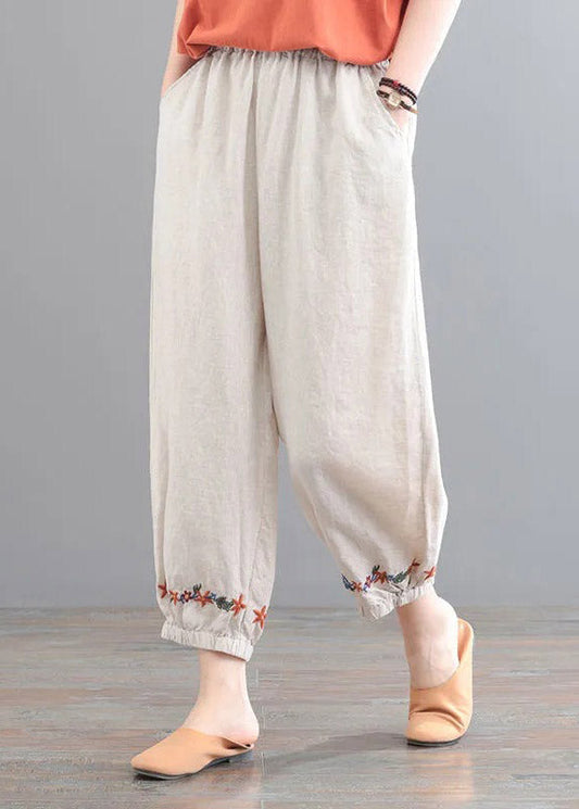 Organic Beige Embroideried Pockets Crop Pants Summer