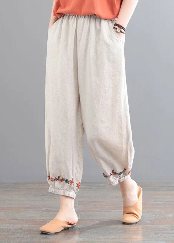 Organic Beige Embroideried Pockets Crop Pants Summer
