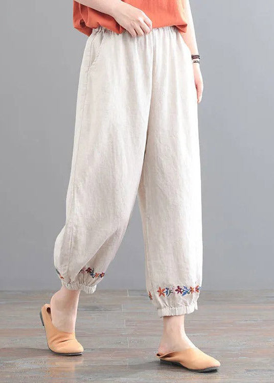 Organic Beige Embroideried Pockets Crop Pants Summer