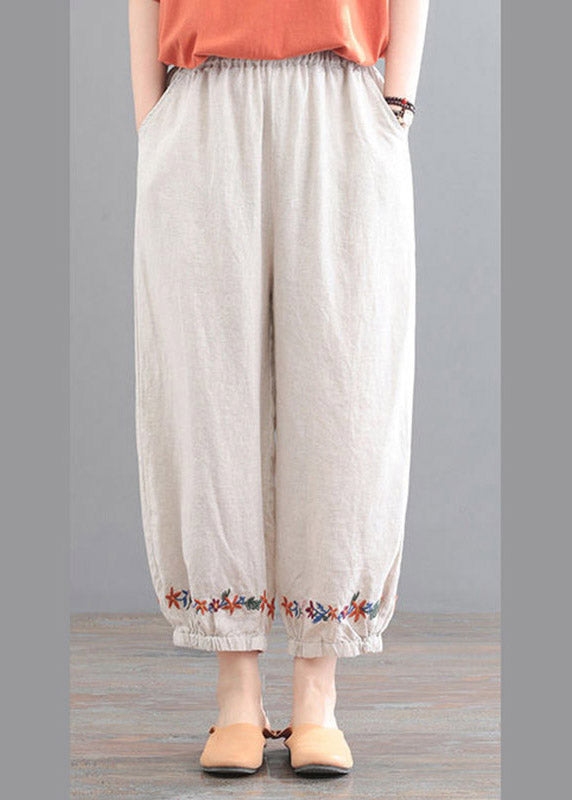 Organic Beige Embroideried Pockets Crop Pants Summer