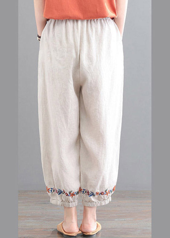 Organic Beige Embroideried Pockets Crop Pants Summer