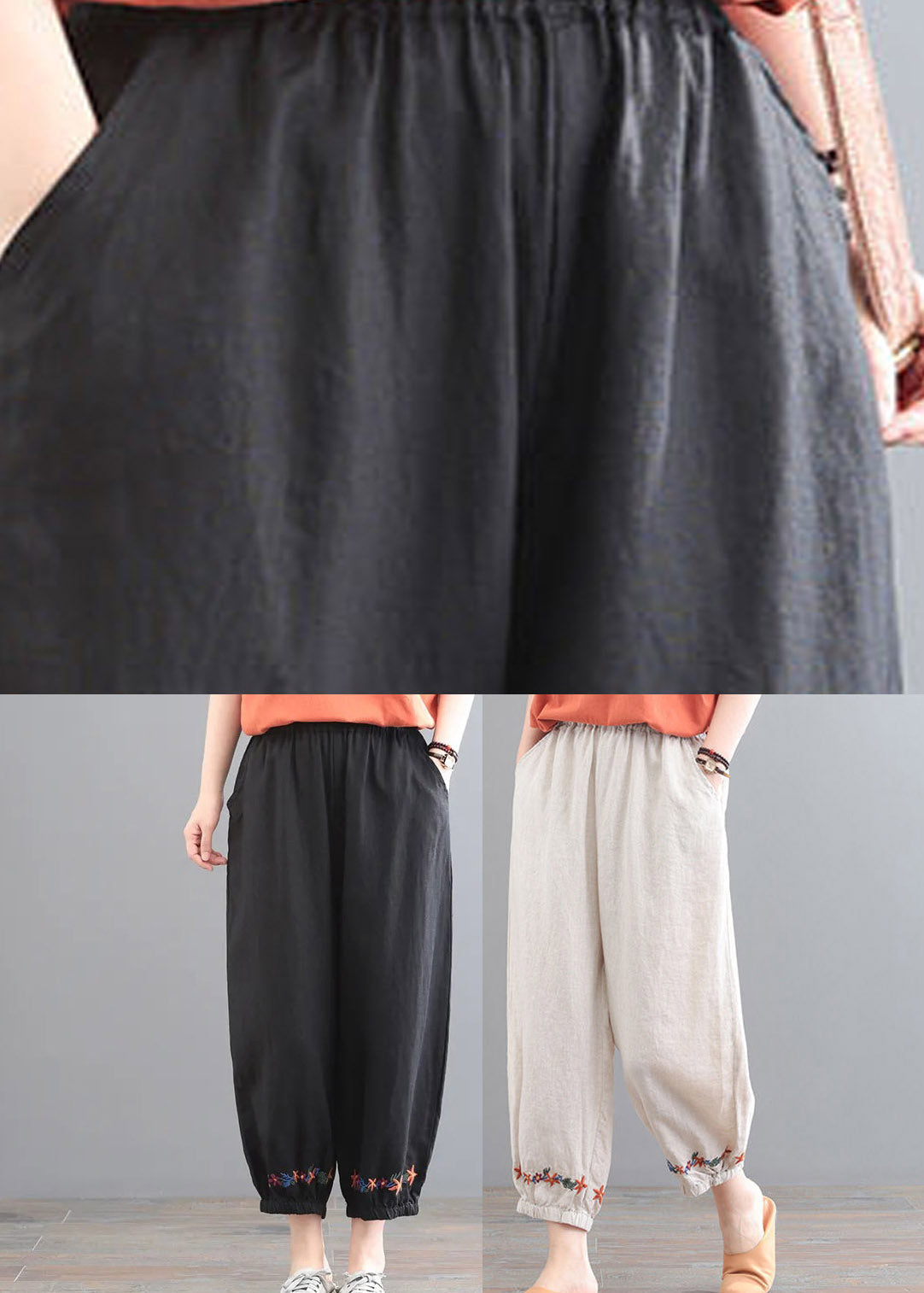 Organic Beige Embroideried Pockets Crop Pants Summer