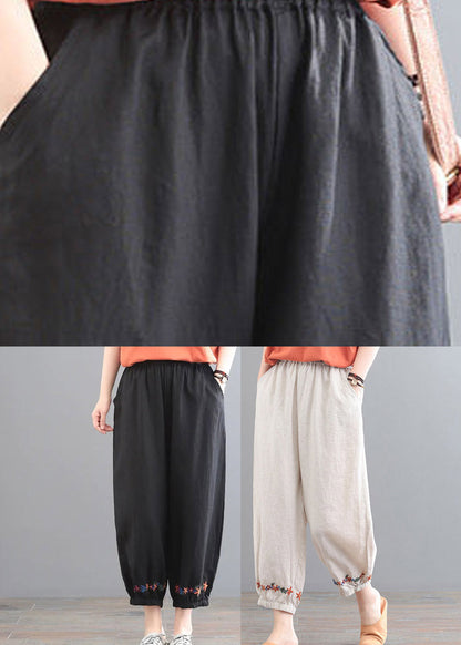 Organic Beige Embroideried Pockets Crop Pants Summer