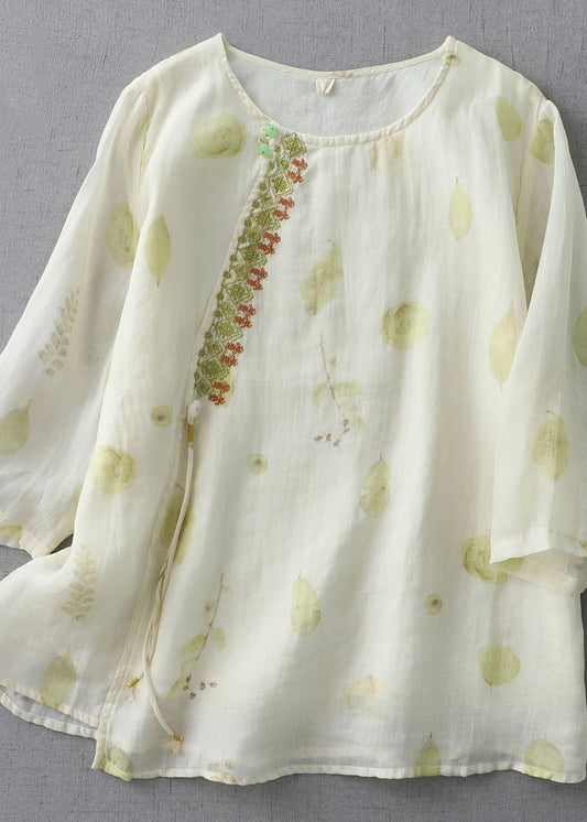 Organic Beige Embroideried Patchwork Linen T Shirt Top Summer