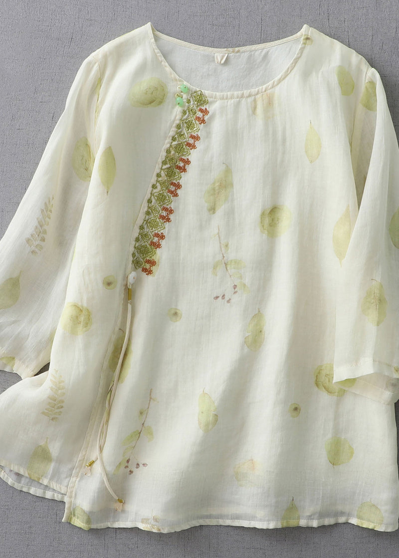 Organic Beige Embroideried Patchwork Linen T Shirt Top Summer