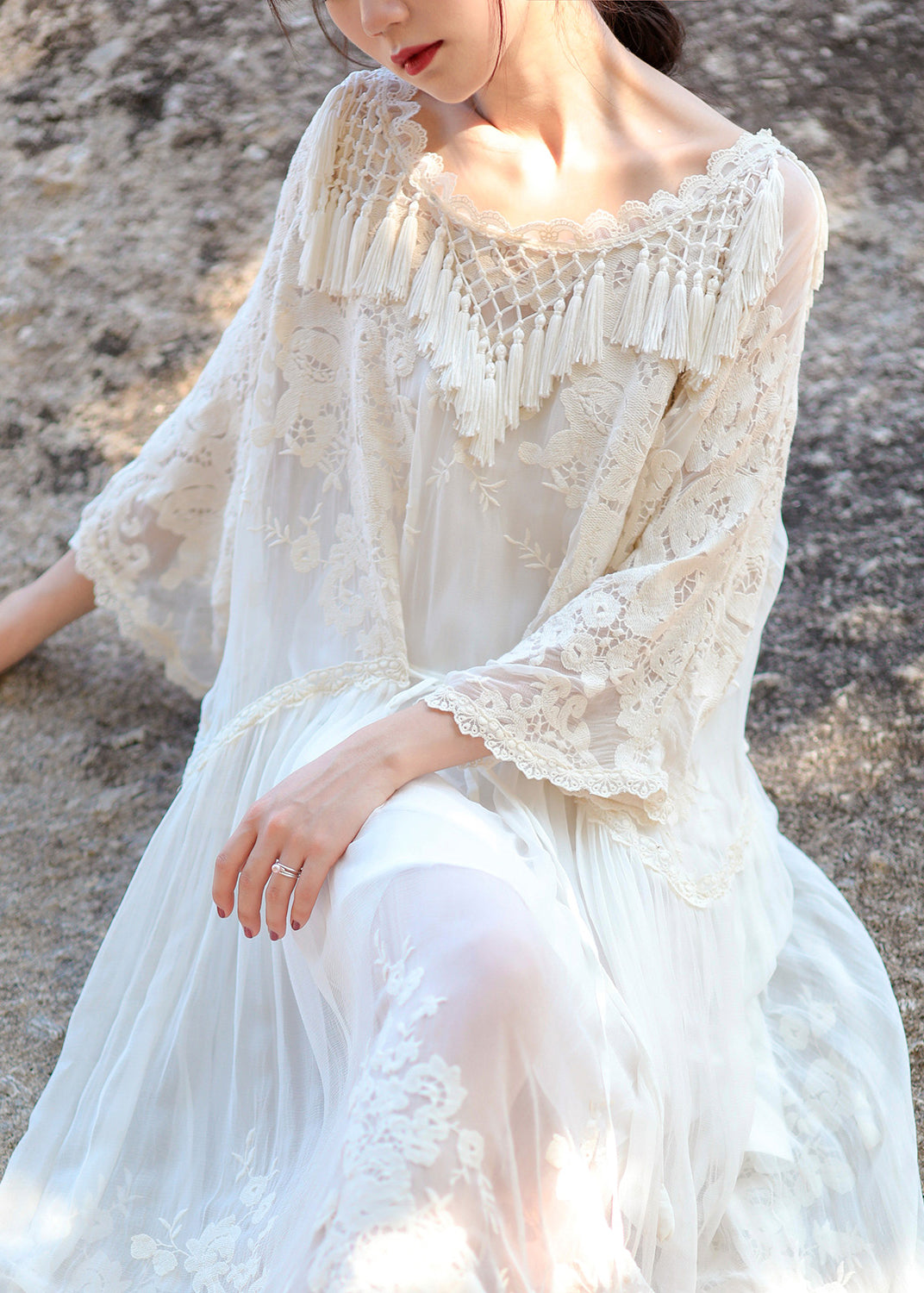 Organic Beige O-neck Embroideried Lace Tassel Silk Long Dress Long Sleeve