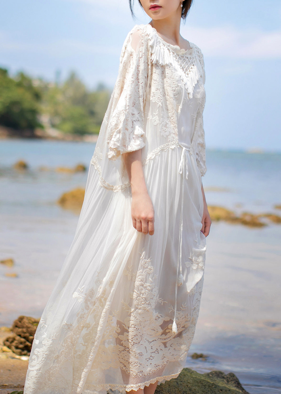 Organic Beige O-neck Embroideried Lace Tassel Silk Long Dress Long Sleeve