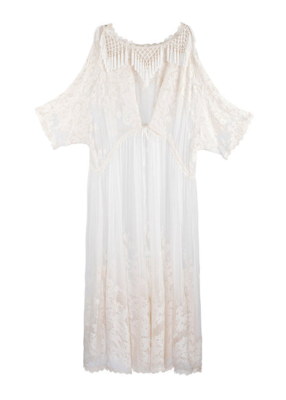 Organic Beige O-neck Embroideried Lace Tassel Silk Long Dress Long Sleeve