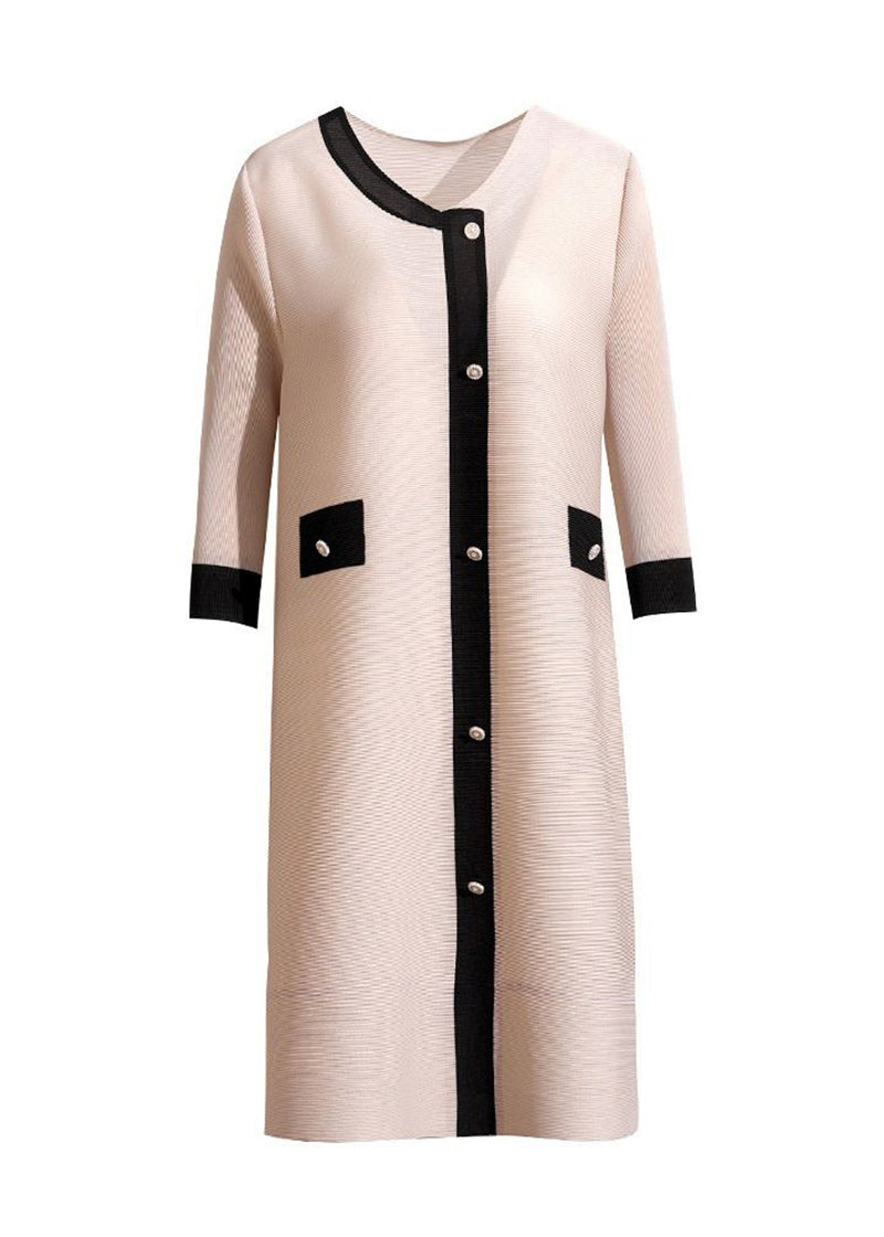Organic Beige O-neck Patchwork Wrinkled Holiday Dress Half Sleeve