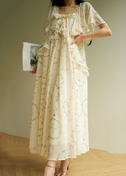 Organic Beige O-neck Ruffled Patchwork Maxi Dress Short Sleeve