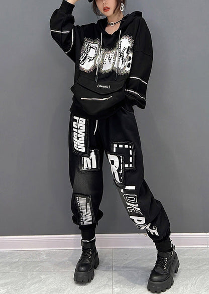 Organic Black Alphabet Print Drawstring Hooded Top and Pants Two Pieces Set Spring