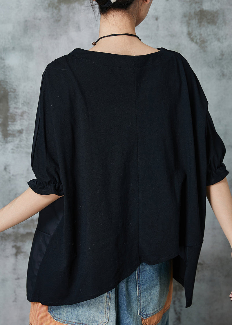 Organic Black Asymmetrical Patchwork Cotton Shirt Half Sleeve
