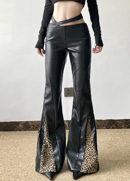 Organic Black Asymmetrical Patchwork Leopard Faux Leather Flare Bottoms Spring