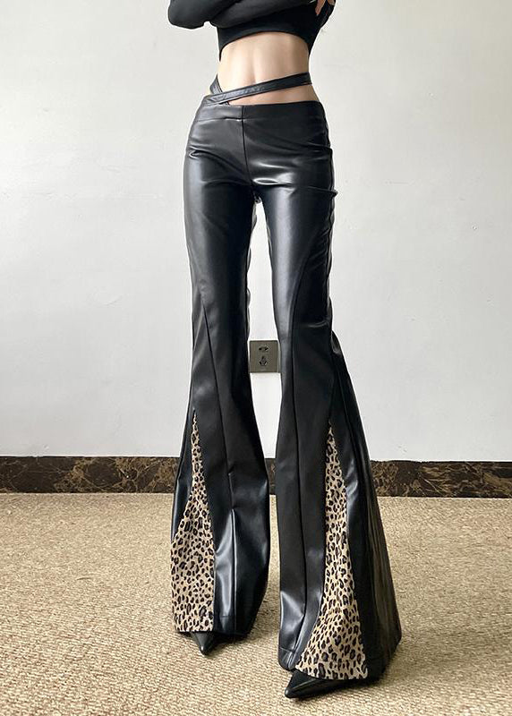Organic Black Asymmetrical Patchwork Leopard Faux Leather Flare Bottoms Spring