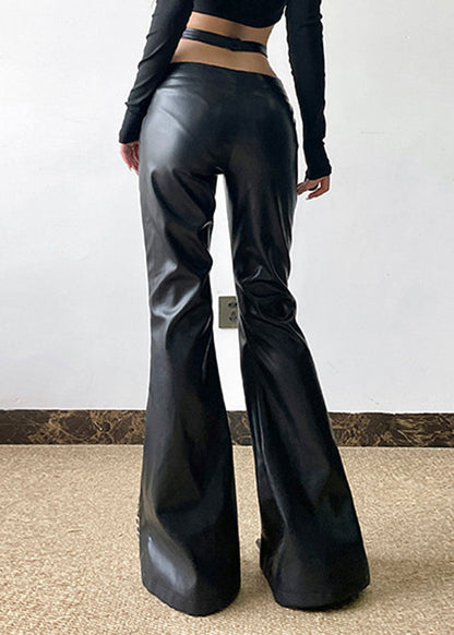 Organic Black Asymmetrical Patchwork Leopard Faux Leather Flare Bottoms Spring