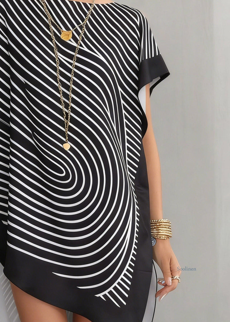 Organic Black Asymmetrical Striped Side Open Tops Summer
