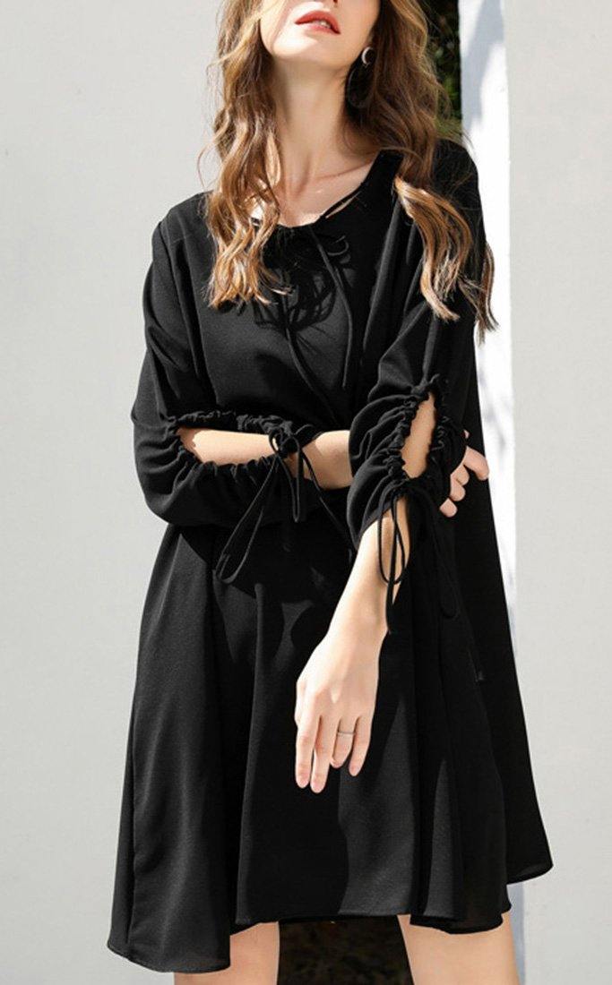 Organic Black Cinched Chiffon O-neck Hollow Out Summer Party Dress