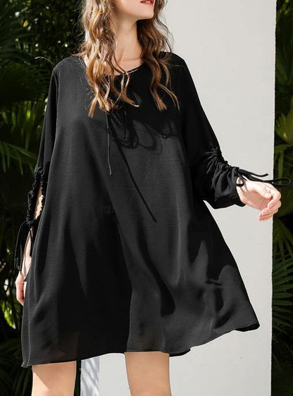 Organic Black Cinched Chiffon O-neck Hollow Out Summer Party Dress