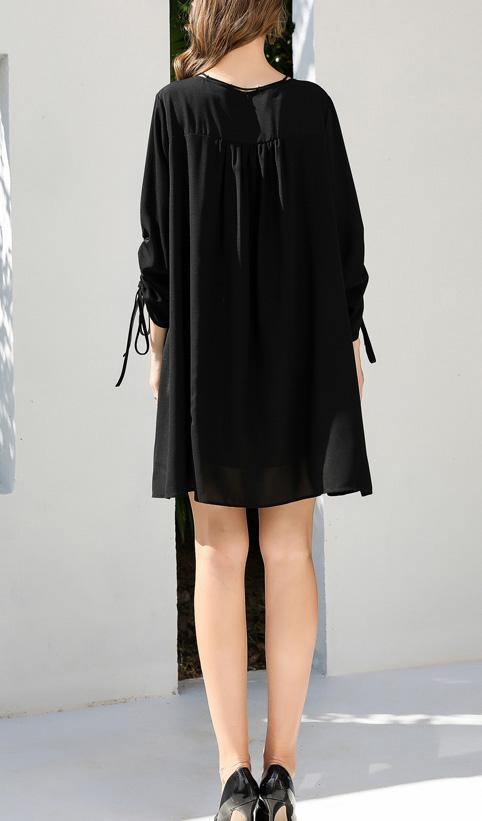 Organic Black Cinched Chiffon O-neck Hollow Out Summer Party Dress